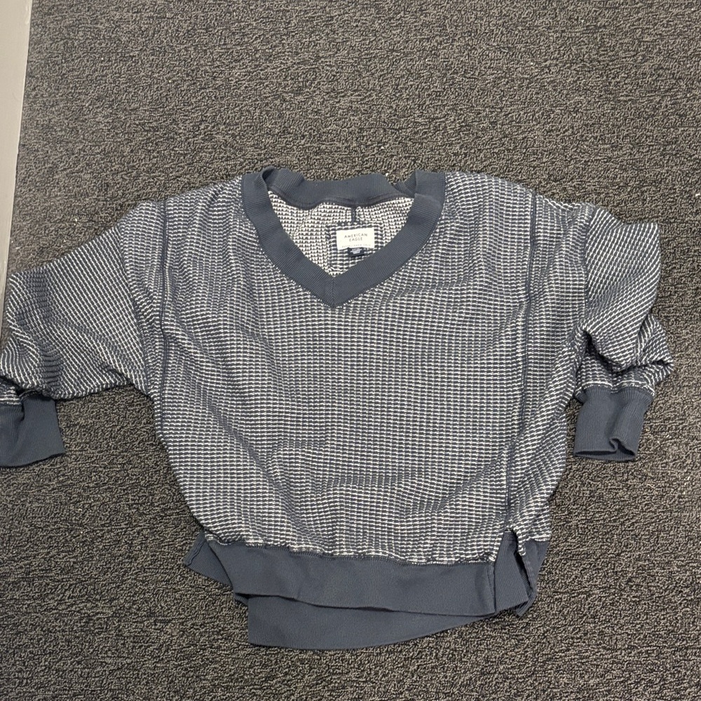 American Eagle Outfitters Women's Blue/Gray Off-the-Shoulder Sweater